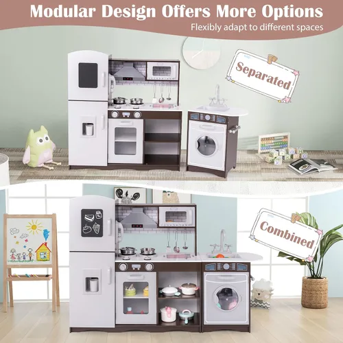 Vista 3 de HONEY JOY Juego de cocina para niños, cocina de madera modular de 2 piezas para niños pequeños y lavadora con fregadero, campana extractora