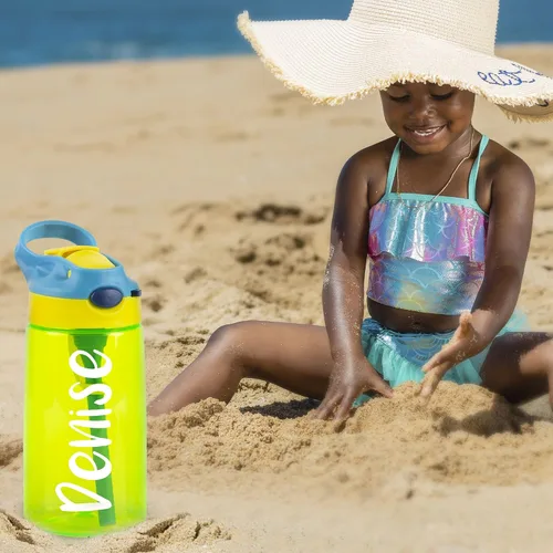 Vista 7 de Mostop Botellas de agua personalizadas para niños, botella de agua deportiva con nombre personalizado de 16 onzas con popote para niños, niñas