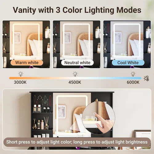 Vista 4 de ELYKEN Tocador de maquillaje con cómoda, escritorio de tocador con estación de carga y espejo iluminado para dormitorio, mesa de tocador