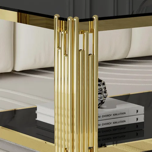 Vista 6 de Mesa de centro de cristal negro de 43 pulgadas, mesa moderna para sala de estar, acero inoxidable dorado, patas de metal, rectangular, de vidrio