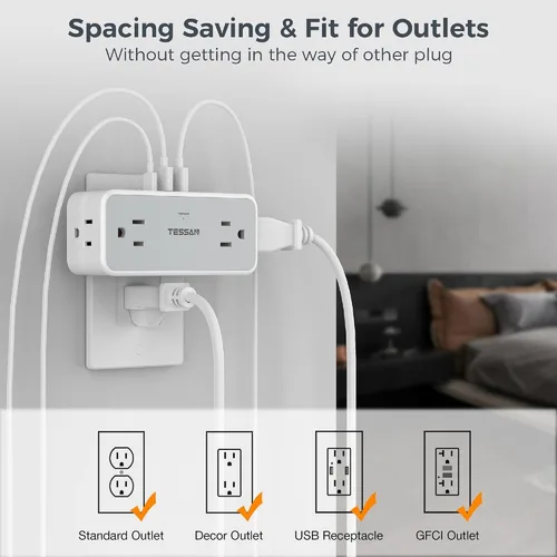 Vista 6 de TESSAN 4 - Divisor de salida de enchufe múltiple, extensor de salida de pared con 3 cargadores de pared USB (1 USB C), protector de sobretensiones