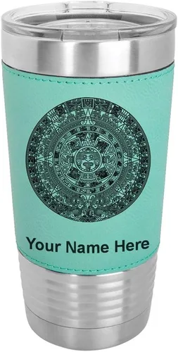 Vista 20 de LaserGram Vaso aislado al vacío de 20 onzas, calendario azteca, grabado personalizado incluido (piel sintética, estilo béisbol)