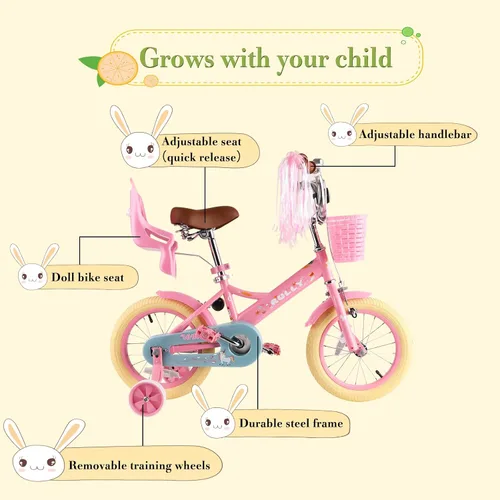 Vista 2 de RULLY Bicicleta para niños de 12, 14, 16 pulgadas, para niñas de 2 a 7 años con ruedas de entrenamiento y freno de mano delantero, bicicleta