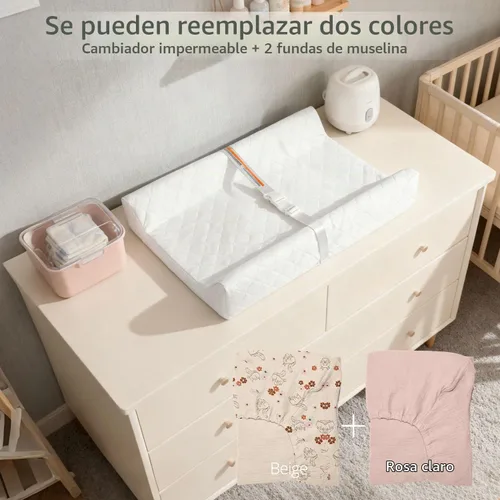 Vista 2 de Cambiador de muselina para bebé, paquete de 2 fundas de muselina de algodón suave y forro impermeable de espuma, almohadilla para mesa cambiadora