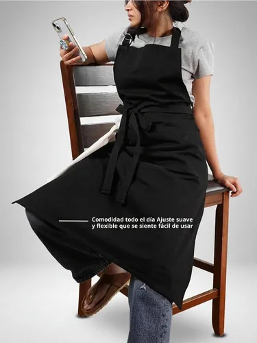 Vista 6 de Delantal de cocina 100% algodón con 2 bolsillos, delantal de chef ajustable para cocinar, hornear barbacoa, delantal unisex