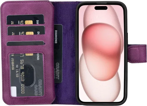 Vista 51 de HARDISTON Funda de piel auténtica de alta calidad hecha a mano para iPhone 7/8 / SE doble folio tarjetero - Funda magnética desmontable - Soporte