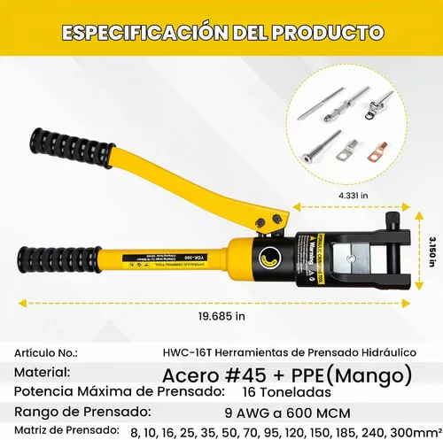 Vista 3 de Herramienta de Prensado de Alambre Hidráulico de 16 Toneladas, Terminal de Cable de Batería con 13 Pares de Troqueles, Herramienta de Prensado