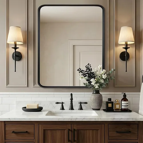 Vista 44 de Espejo de latón para baño, espejo rectangular redondeado de 22x30 pulgadas con marco de metal cepillado dorado, espejo de tocador de baño sin