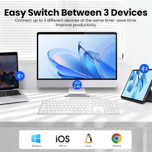 Vista 3 de Teclado Bluetooth inalámbrico multidispositivo-QWERTY plateado blanco