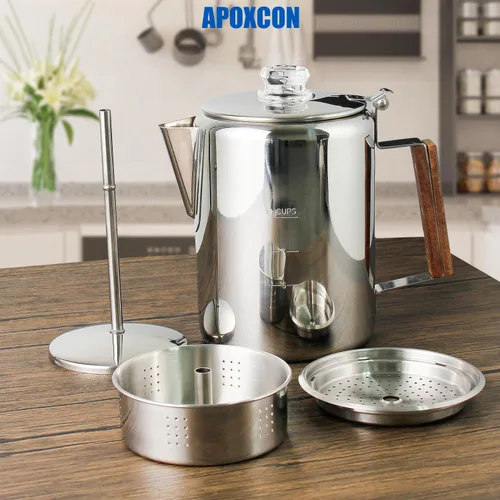 Vista 2 de APOXCON Cafetera de acero inoxidable con perilla de vidrio para usar en cualquier estufa, sin aluminio, sin plástico (9 tazas)