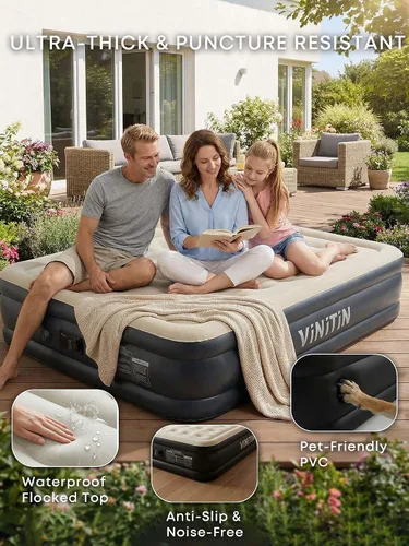 Vista 6 de Colchón de aire Queen con bomba incorporada, cama inflable elevada de 16 pulgadas para hogar e invitados, colchón inflable autoinflable con parte