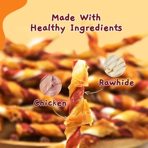 Vista 2 de Jungle Calling Golosinas para perros, palitos masticables de cuero crudo envueltos en pollo, masticables dentales altos en proteínas y bajos