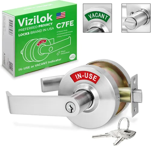 Vista 15 de VIZILOK Cerradura de puerta comercial para privacidad del baño, seguridad, indicador de ocupación vacante estándar en cromo satinado, grado ANSi 2