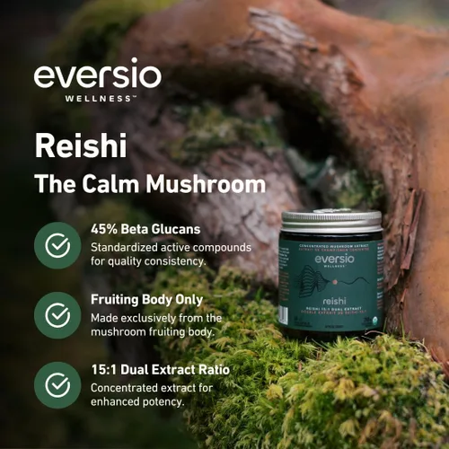 Vista 4 de Cápsulas Reishi orgánicas – Extracto dual 15:1, 45% beta-glucanos – Suplemento de hongos corporales fructíferos para el estrés, el sueño y el apoyo