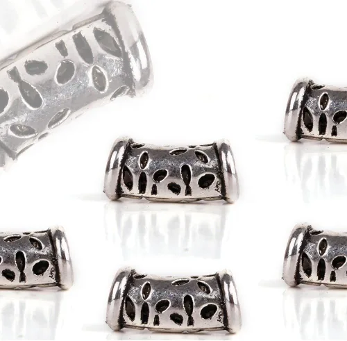 Vista 2 de RUBYCA 30 cuentas espaciadoras tibetanas de tono plateado para pulseras europeas con cilindro tallado