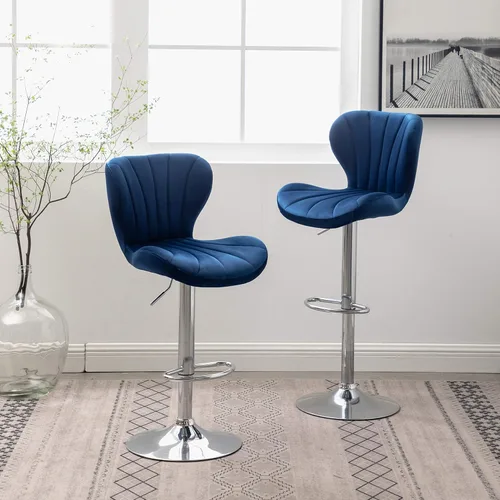 Vista 2 de Roundhill Furniture Ellston - Taburetes de bar giratorios ajustables de terciopelo, color azul, juego de 2
