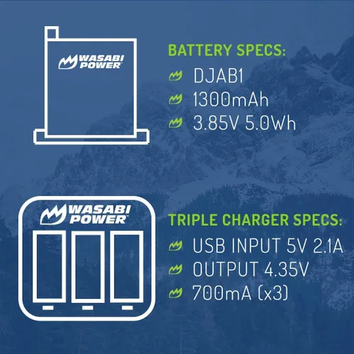 Vista 7 de Wasabi Power Batería (paquete de 2) y cargador USB triple para DJI AB1 y DJI OSMO Action Camera
