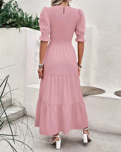 Vista 23 de BTFBM Vestidos para mujer, cuello redondo, casual, de verano, con volantes, manga corta, bohemio, con niveles, fruncido, largo, con estampado floral