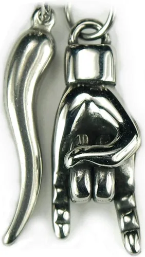 Vista 6 de Collar combinado Mano Cornuto y Cornicello, con cadena Figaro de 20 pulgadas, Portafortuna Italiana Lucky Hand Horn Anti Evil Good Luck Double
