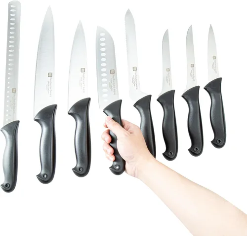 Vista 11 de Restaurantware Sensei - Juego de 8 cuchillos de acero alemán negro con pasadores codificados de colores para chefs, afilado, resistente a
