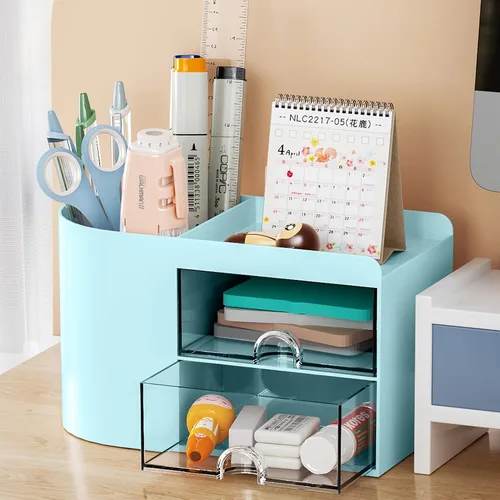 Vista 3 de Marbrasse Organizador pequeño de escritorio con cajón, caja de almacenamiento multifuncional para bolígrafos y lápices, organizadores de escritorio