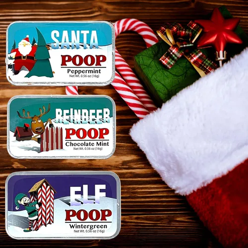 Vista 3 de Christmas Poop Mints – Latas de caramelo de menta de Navidad, regalos de broma (juego de 3) divertidos rellenos de calcetines de Navidad
