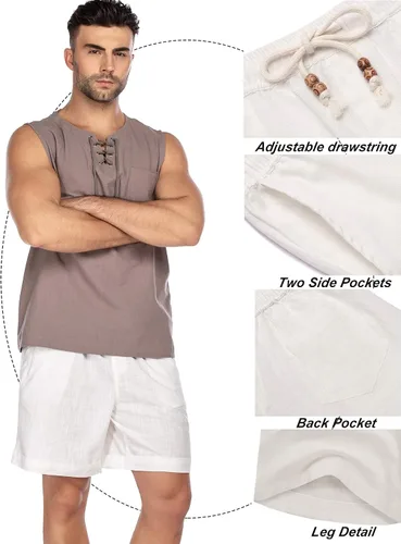 Vista 5 de COOFANDY Pantalones cortos de lino para hombre con cintura elástica y cordón para playa