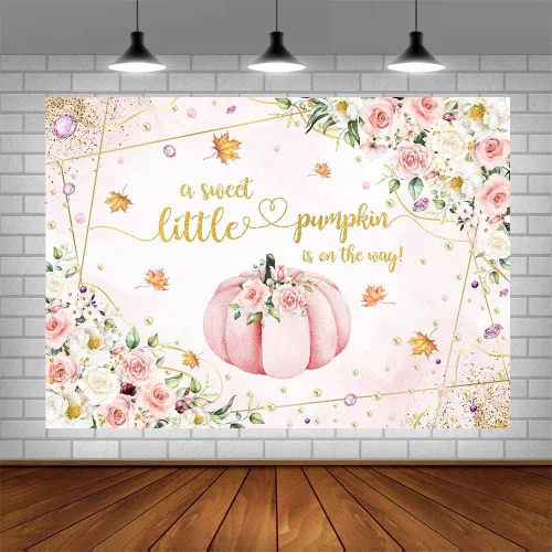 Vista 2 de AIBIIN Telón de fondo de calabaza para baby shower de 7 x 5 pies para niñas, calabaza rosa floral, baby shower, fondo de fotografía de otoño