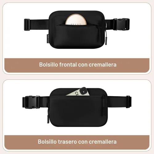 Vista 6 de Riñonera con cremallera bidireccional para mujeres y hombres 1. Negro.