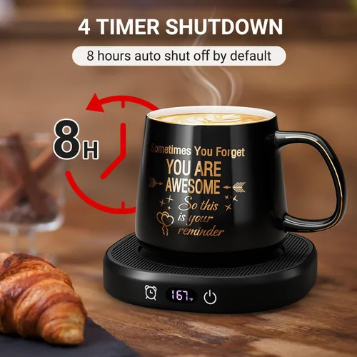 Vista 6 de Juego de Taza de Café Calentador y Eres Increíble, Calentador de Tazas Eléctrico para Escritorio, Calentador de Bebidas con 4 Ajustes
