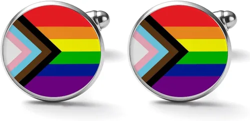 Vista 2 de Mancuernas redondas para hombre, diseño de bandera del orgullo del progreso, arco iris, gay, lesbiana, transgénero, bisexual, LGBTQ, 2