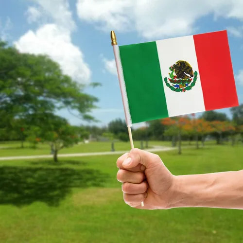 Vista 6 de QQSD Mini banderas de mano con bandera mexicana de México, poste de madera maciza con punta de lanza, paquete de 12