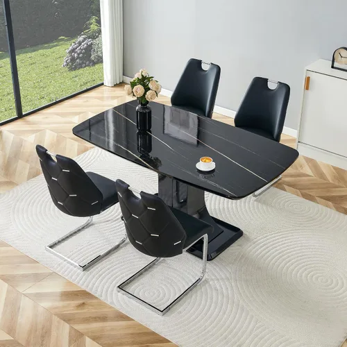 Vista 2 de Juego de mesa de comedor moderno para 4, juego de sillas de mesa de cocina de mármol sintético, mesa rectangular de MDF de 63 pulgadas, sillas Negro