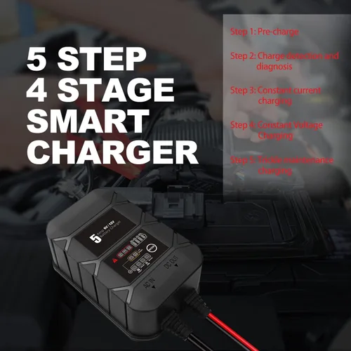 Vista 3 de BYGD Cargador de batería inteligente 5A 6v 12v automotriz, cargador de batería de flotador de ciclo profundo, desulfador de batería de reparación