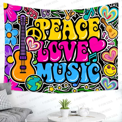 Vista 2 de F-FUN SOUL Tapiz de amor de paz y genial, 40 x 30 pulgadas, tapices musicales de los años 70, tapices psicodélicos de arte para colgar en la pared