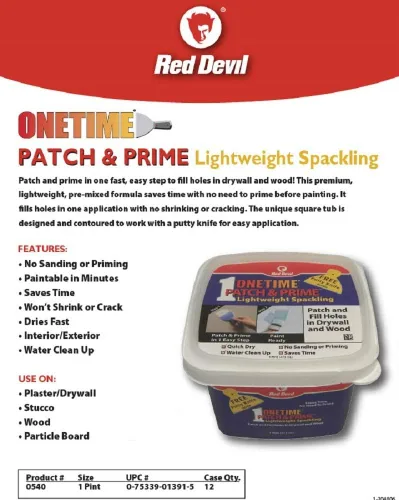 Vista 3 de Red Devil 0540 ONETIME Patch & Prime Lightweight Spackling, 1 pinta, blanco, paquete de 1