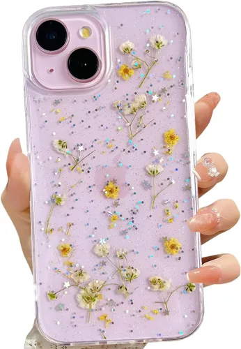 Vista 21 de LSEEKA Funda transparente para iPhone 11 con diseño de flores prensadas reales, linda y brillante, patrón floral rosa, funda protectora delgada
