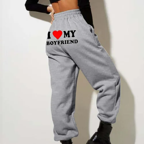 Vista 4 de I Love My Boyfriend - Pantalones deportivos a la moda, elásticos, de cintura alta, pantalones deportivos casuales de forro polar sueltos, pantalones
