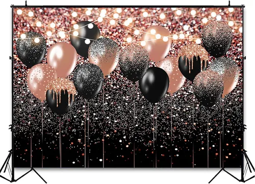 Vista 3 de Avezano Telón de fondo con purpurina de oro rosa y negro para cumpleaños, boda, despedida de soltera, fondo de fotografía, globo rosa dorado