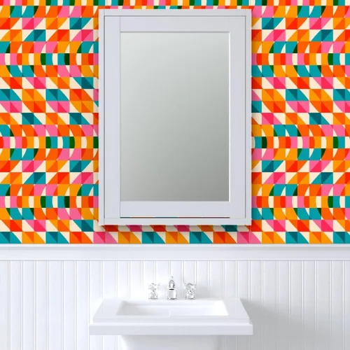 Vista 9 de Muestras de papel tapiz removibles – Retro Cuadros Ondas Rosa Verde Azul Rojo Naranja Rayas Papel pintado personalizado pre-pegado por Spoonflower