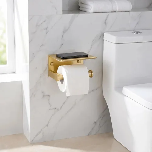 Vista 7 de Youda - Soporte de papel higiénico dorado con soporte de pared para estante, autoadhesivo o montaje con tornillo, aluminio inoxidable, se adapta a