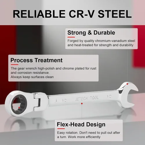 Vista 2 de Jetech Llave de engranaje de cabeza flexible de 1/2 pulgada, llave combinada de trinquete de grado industrial, acero de aleación Cr-V forjado