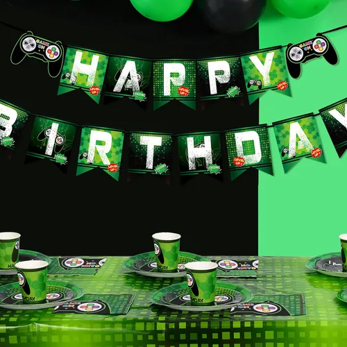 Vista 4 de WERNNSAI Cartel de cumpleaños del juego – Suministros de fiesta de videojuegos, guirnalda de banderines de feliz cumpleaños para niños, niños