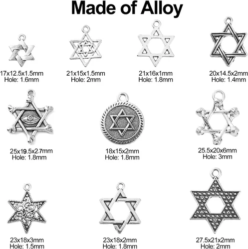 Vista 2 de Ipotkitt 100 piezas de 10 estilos antiguos de estrella de David dijes planos de estrella de la suerte, dijes hexagramas, manualidades para collares