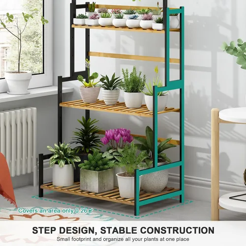 Vista 4 de Ufine - Soporte de bambú para plantas colgantes de 3 niveles con estante en escalera y barra colgante. Organizador de altura ajustable para macetas.