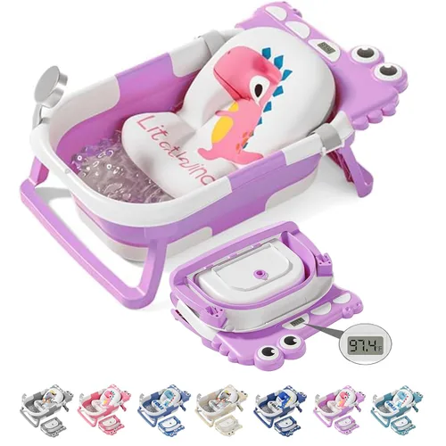Vista 21 de TPN - Bañera plegable para bebés con cojín suave y termómetro en tiempo real, bañera portátil de viaje para recién nacidos e infantes