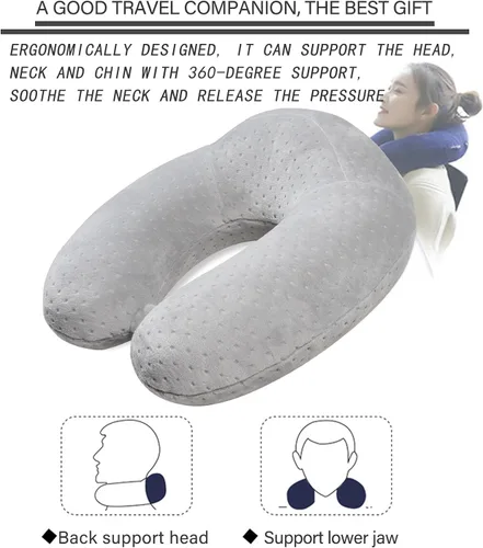 Vista 6 de Almohada de viaje para dormir, almohada de viaje de espuma viscoelástica gris en forma de U, almohada de avión para cabeza y cuello, almohada