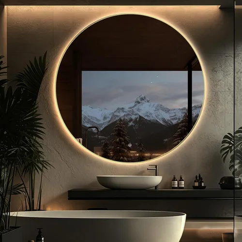 Vista 17 de Espejo de Baño LED Redondo de 24", Espejo de Tocador Retroiluminado Montado en Pared con Marco Biselado de 45°, Espejo Iluminado para Dormitorio
