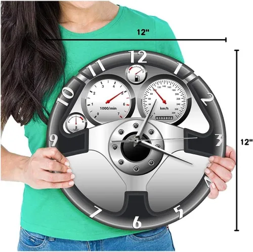 Vista 10 de The Geeky Days Reloj de pared de cuarzo silencioso con volante y tablero de instrumentos deportivo, diseño de automóvil, decoración del hogar