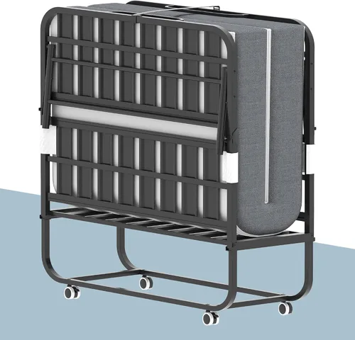 Vista 9 de Cama plegable, camas portátiles de 75 x 31 pulgadas para adultos, marco de metal resistente y resistente, cama plegable con ruedas